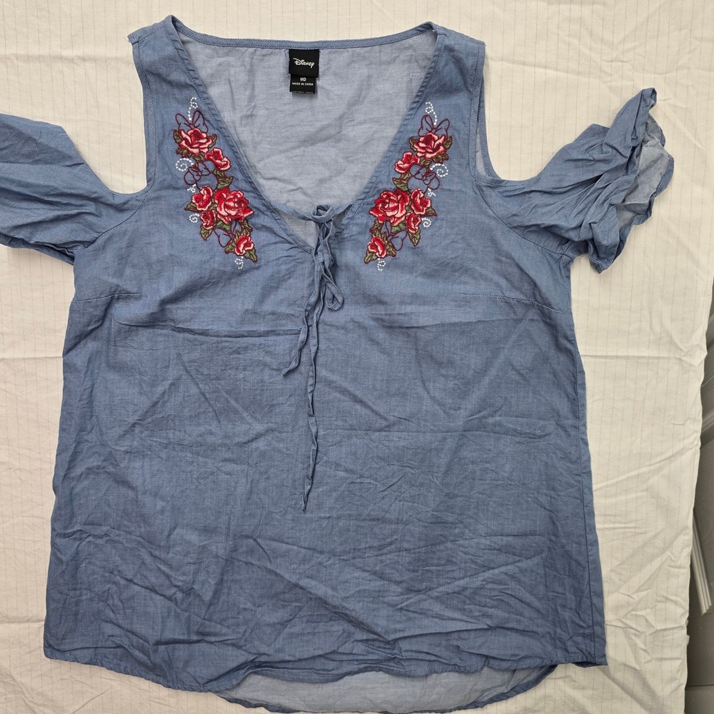 Disney Minnie Mouse Rose Embroidered Cold Shoulder Chambray Top Blue Medium